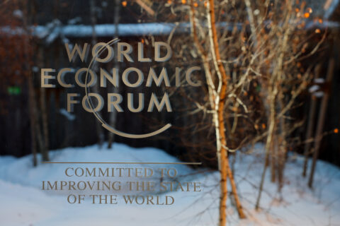 The World Economic Forum (WEF) logo is displayed on a window during the 56th annual World Economic Forum (WEF) meeting, in Davos, Switzerland,