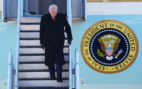 US president Donald Trump arrives on Air Force One at the Des Moines International Airport on Jan. 27, 2026, in Des, Moines, Iowa