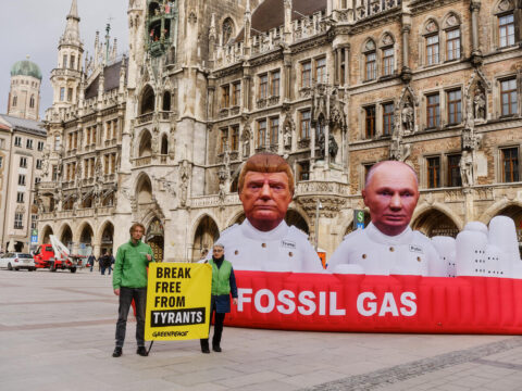On the occasion of the Munich Security Conference, Greenpeace activists protest with larger-than-life sculptures of US President Donald Trump and Russian President Vladimir Putin on Marienplatz in Munich. The two heads of government stand on a model of a gas tanker with the words ‘Fossil Gas’ written on its side. Greenpeace activists hold banners reading ‘Safe energy instead of gas dependency’ and ‘Break Free From Tyrants’