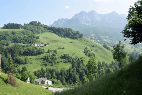 A couple of houses are nestled halfway up a green and forested hills with high mountains in the background