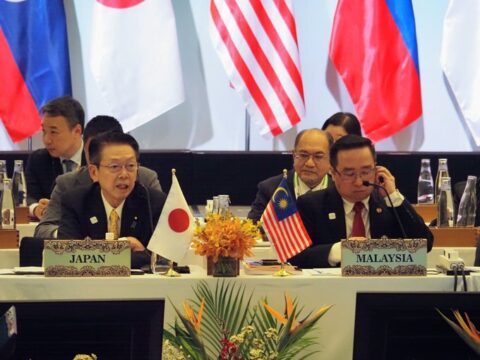 Japan's minister of Economy Yoji Muto in a meeting with Malaysia's minister of Science, Technology and Innovation Chang Lih Kang as part of the Asia Zero Emissions Community (AZEC) meeting. Two regional summits with a major focus on carbon capture and storage in the Asia-Pacific have drawn criticism from climate campaigners. (Photo: METI Japan)