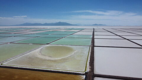 Evaporation pools for lithium extraction are seen as part of the Lithium Carbonate Industrial Plant, in the Salar de Uyuni, in Potosi, Bolivia