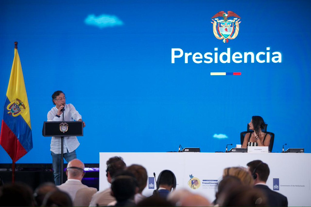 Colombian president Gustavo Petro at the stage of the first conference on transitioning away from fossil fuels in Santa Marta