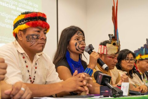 Ecuadorian Indigenous leaders speaking in the sidelines of the Santa Marta conference on transitioning away from fossil fuels. (Photo: Pastaza nation)