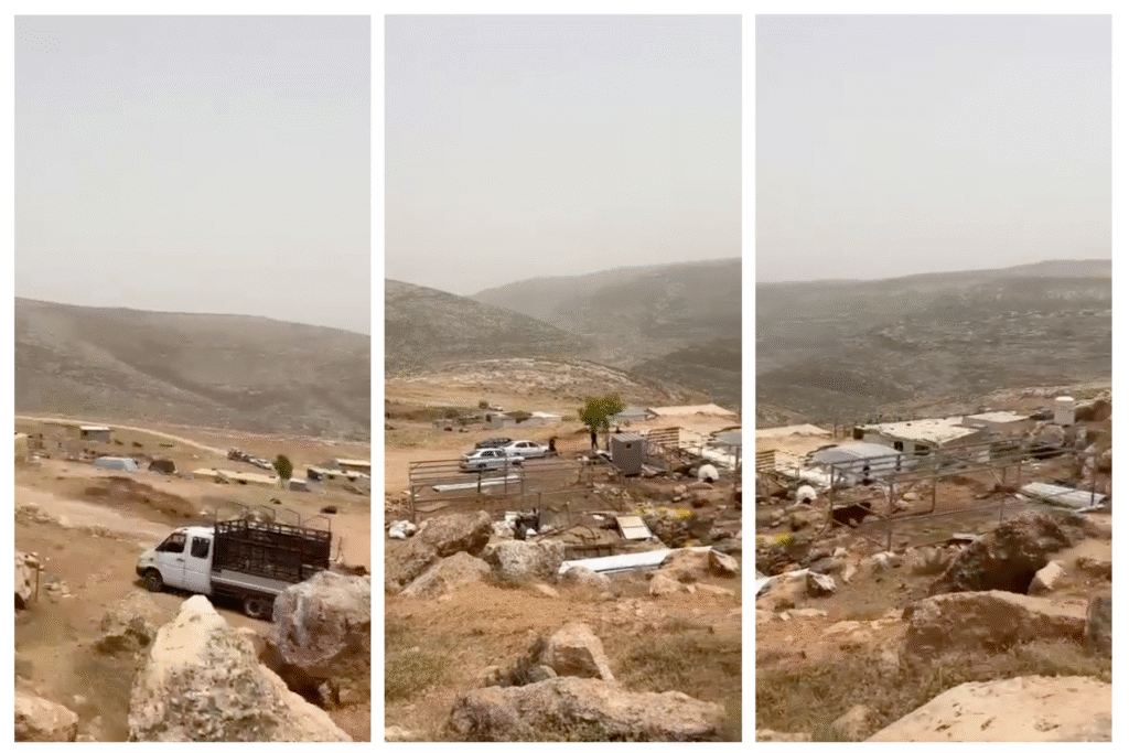 Three frames of a video show a truck and cars at a residential area