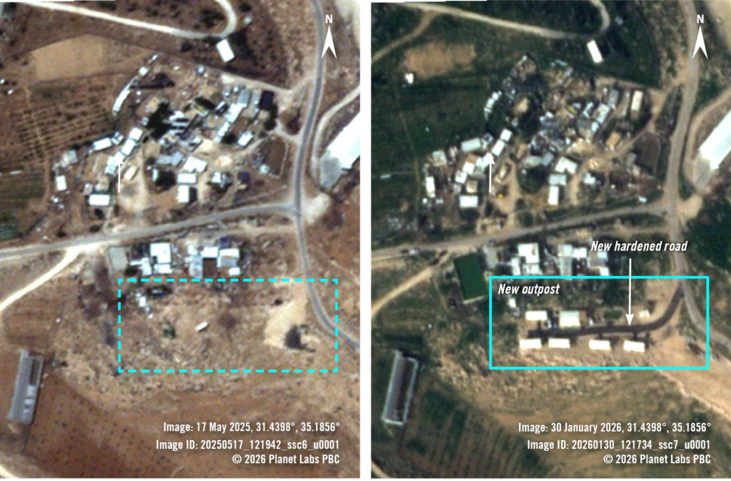 Two satellite images of the same location displayed side by side with annotations in blue and white
