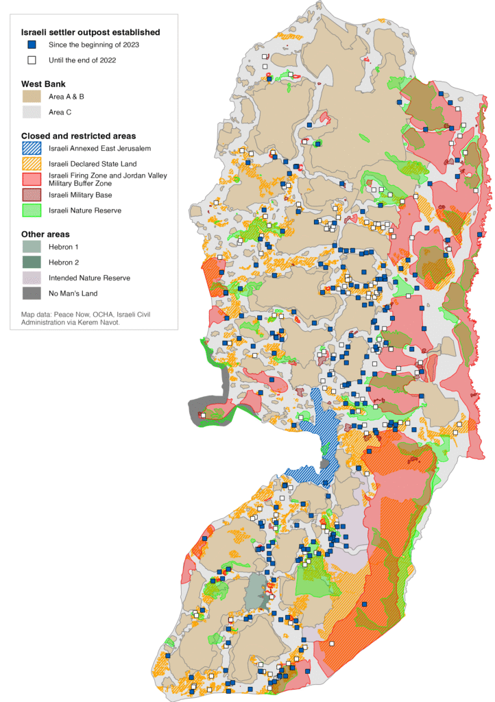 Square markers indicate individual outposts: blue squares mark outposts established since the beginning of 2023, while white squares mark those established up to the end of 2022 (data from Peace Now). The background shows West Bank administrative areas established under the Oslo Accords: Areas A and B are shown in tan, and Area C in light grey (OCHA). Several layers show areas where Palestinian access or use of land is prohibited or restricted. Israeli annexed East Jerusalem is shown with blue diagonal stripes (OCHA). Israeli declared state land is shown with orange diagonal stripes (Israeli Civil Administration data, shared by Kerem Navot). Israeli firing zones and the Jordan Valley military buffer zone are shown in semi-transparent red (OCHA), and Israeli military bases appear in darker red (OCHA). Israeli nature reserves are shown in green (OCHA). Additional areas established under the Oslo Accords are also shown: Hebron H1 (parts of the city administered by Palestinian authorities) in light green, Hebron H2 (parts of the city where Israel maintains full control) in darker green, intended nature reserves (where Israel maintains full control over security, planning and construction) in light purple, and the No Man’s Land in dark grey, a demilitarized buffer zone that separated Israeli-controlled West Jerusalem and Jordanian-controlled East Jerusalem between 1948 and 1967 and that has since 1967 been annexed by Israel (all OCHA).  

Overall, the map shows that settler outposts are widely distributed across Area C and are often located in or near areas where access or land use is restricted to Palestinians. 