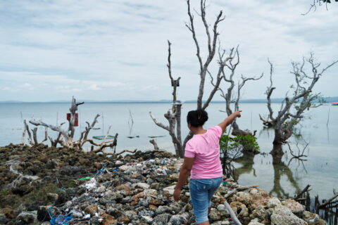Philippines storm survivor Trixy Elle points out to sea on Batasan Island, Philippines