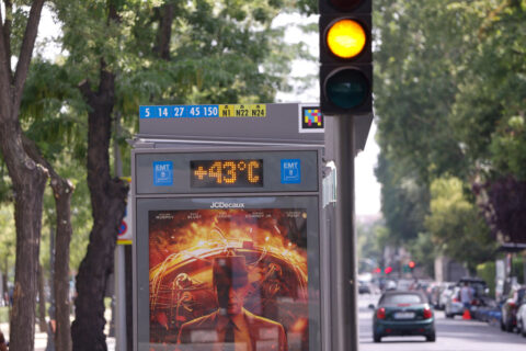 A digital thermometer reads 43 degrees Celsius on Paseo de la Castellana on July 18, 2023 in Madrid, Spain.